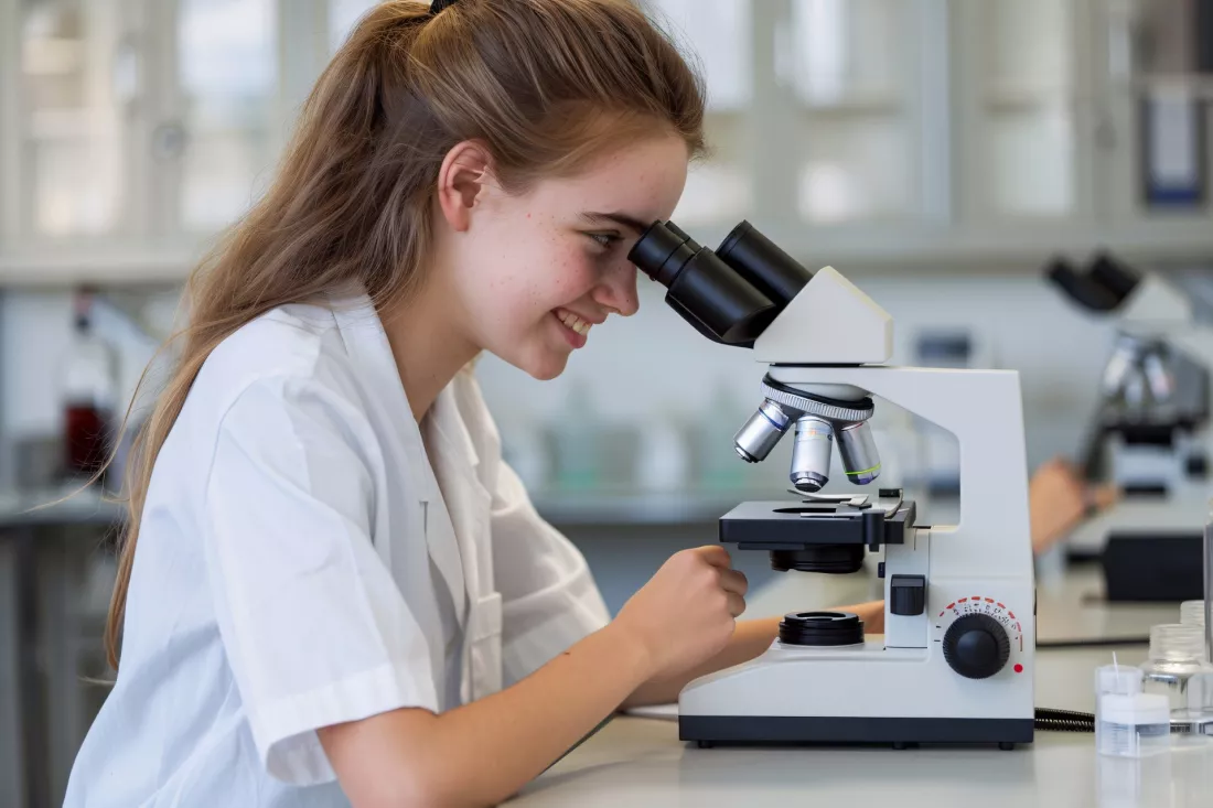 Eine Studentin schaut in einem biologischen Forschungslabor durch ein Mikroskop